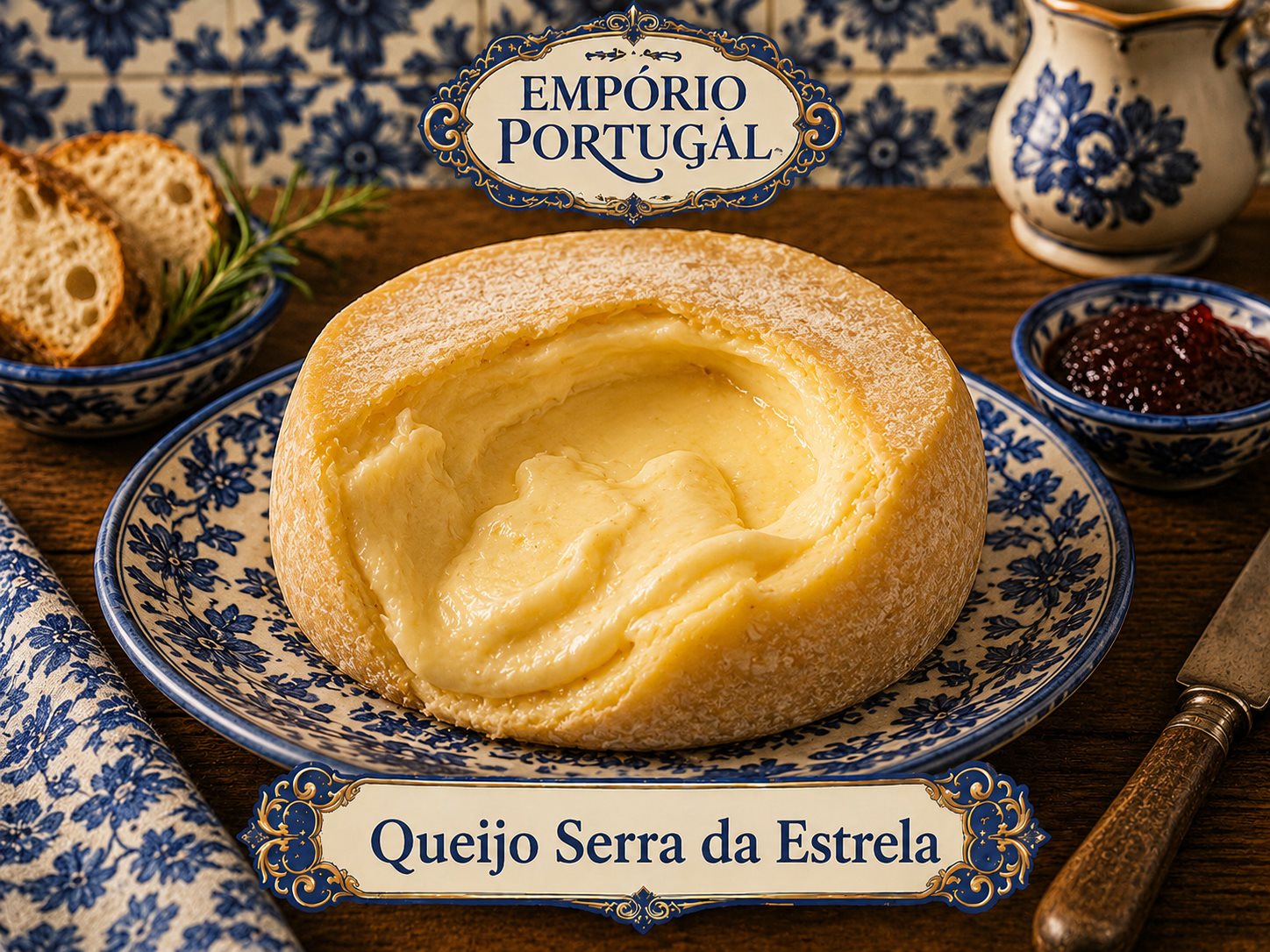 Queijo Serra da Estrela de pasta cremosa apresentado em louça portuguesa azul e branca